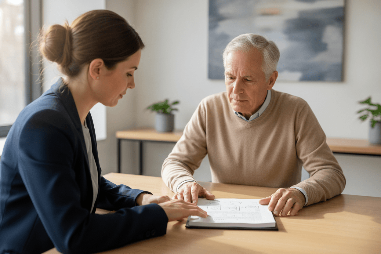An advisor walking an older couple through a retirement document