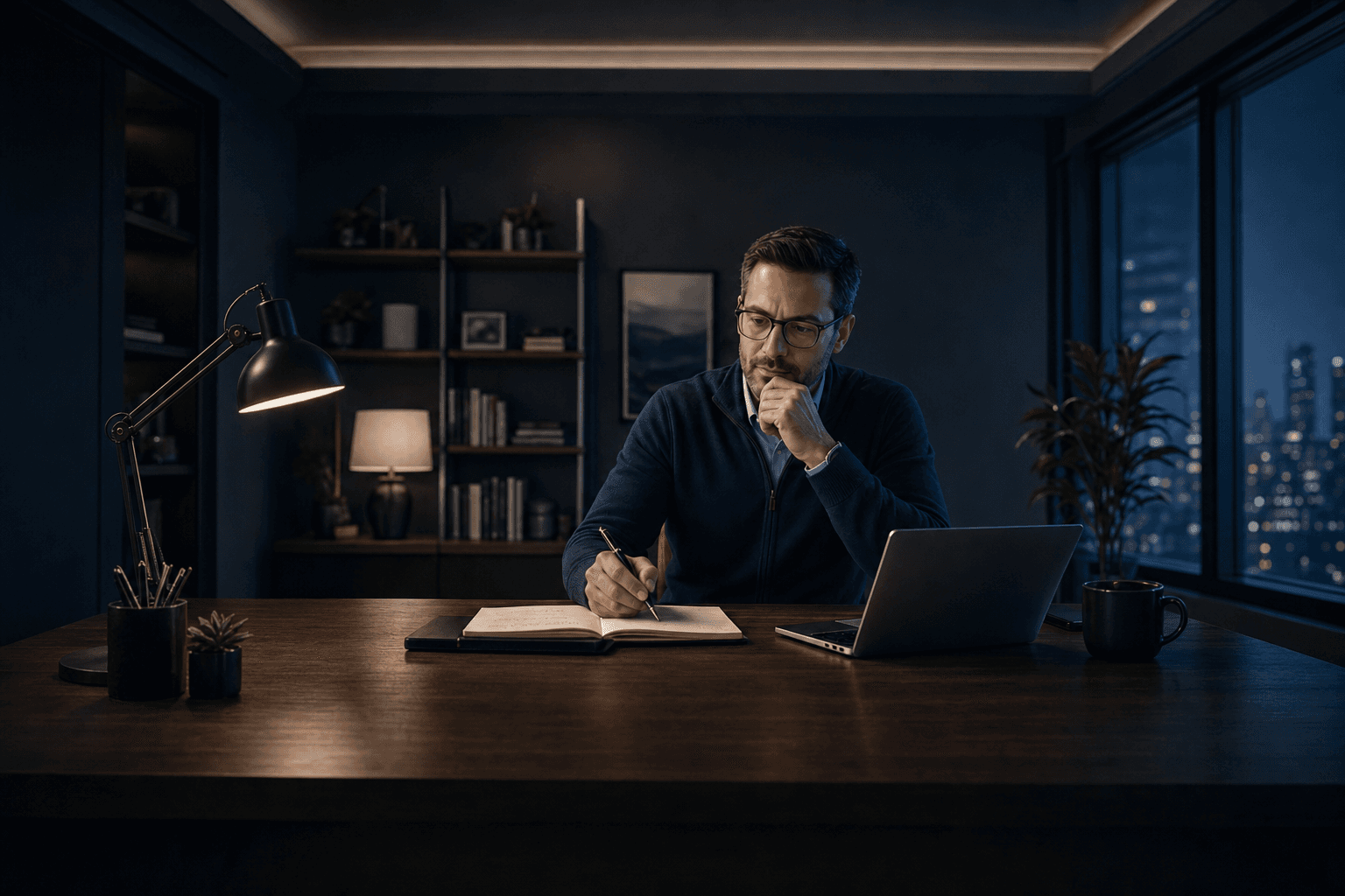 A professional taking notes beside an open laptop at a desk lamp-lit office desk