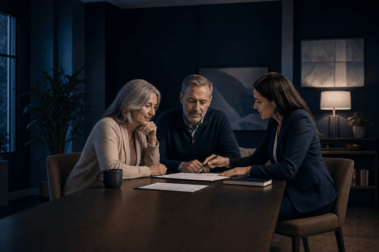 Three adults reviewing retirement-planning documents together around a table in the evening