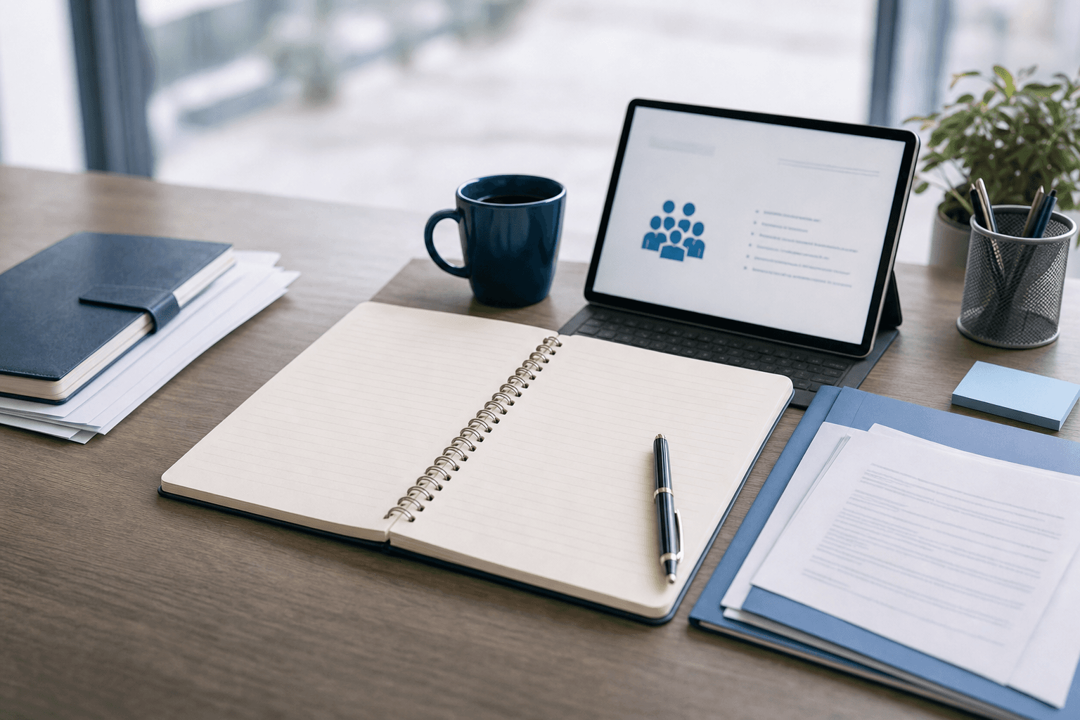 An open notebook, pen, laptop, and coffee cup arranged on an agent training desk