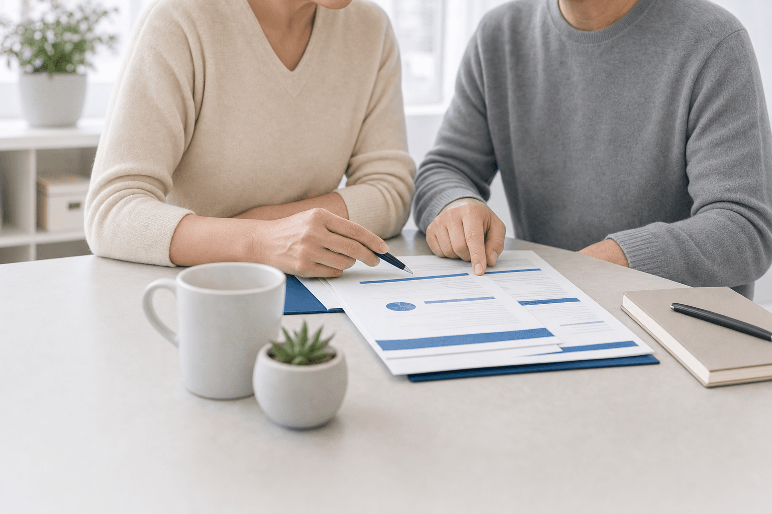 Two people reviewing an educational retirement-planning document with a pen at a bright desk