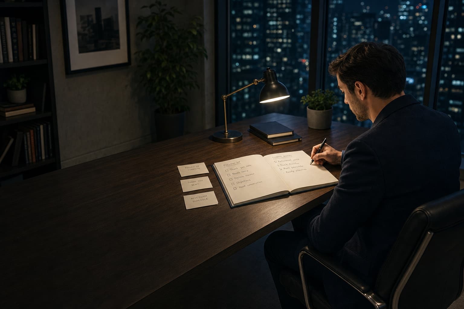 An agent working through follow-up notes at a lamplit desk after hours