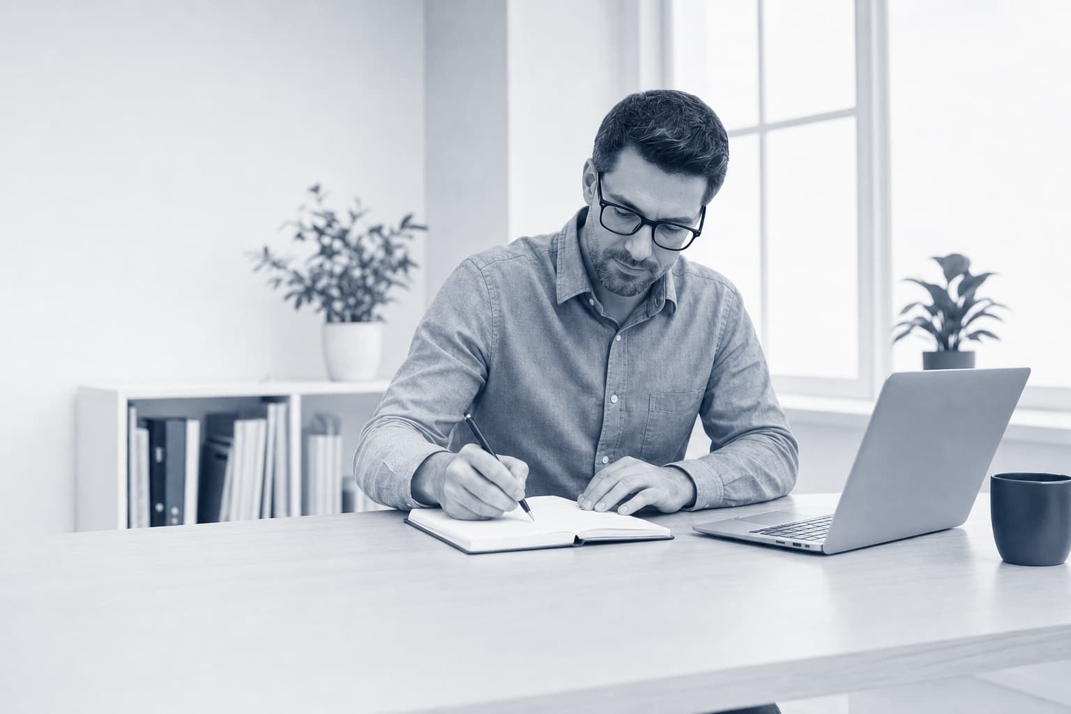 An agent quietly writing platform-comparison notes beside his laptop
