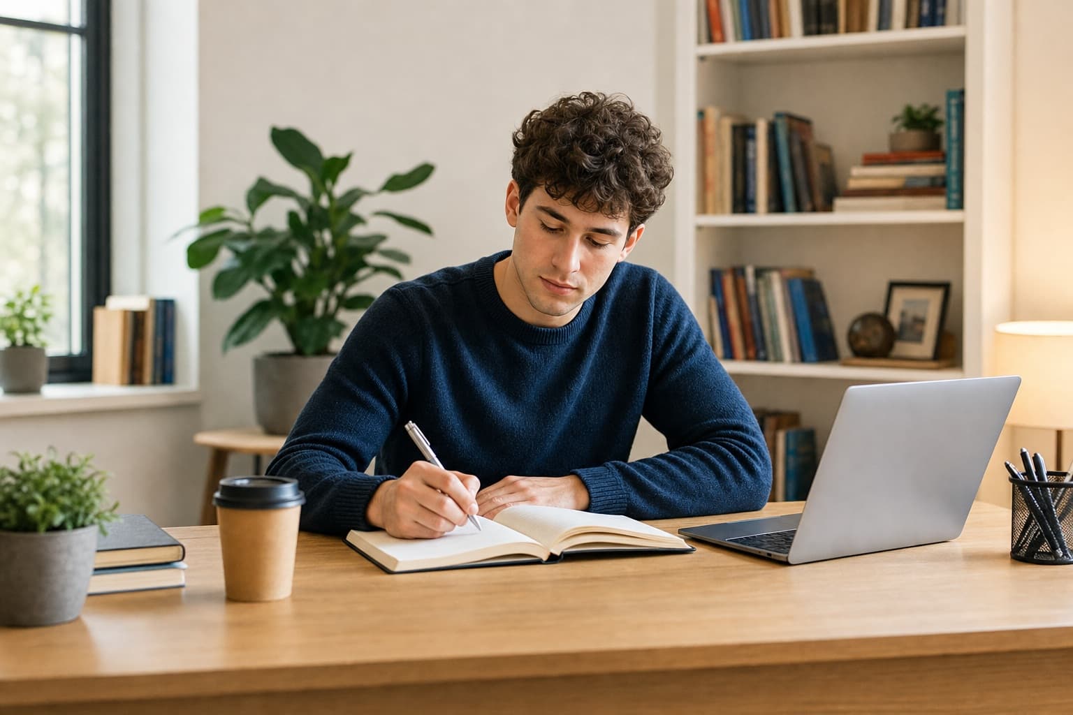 A young career explorer taking study notes beside an open laptop
