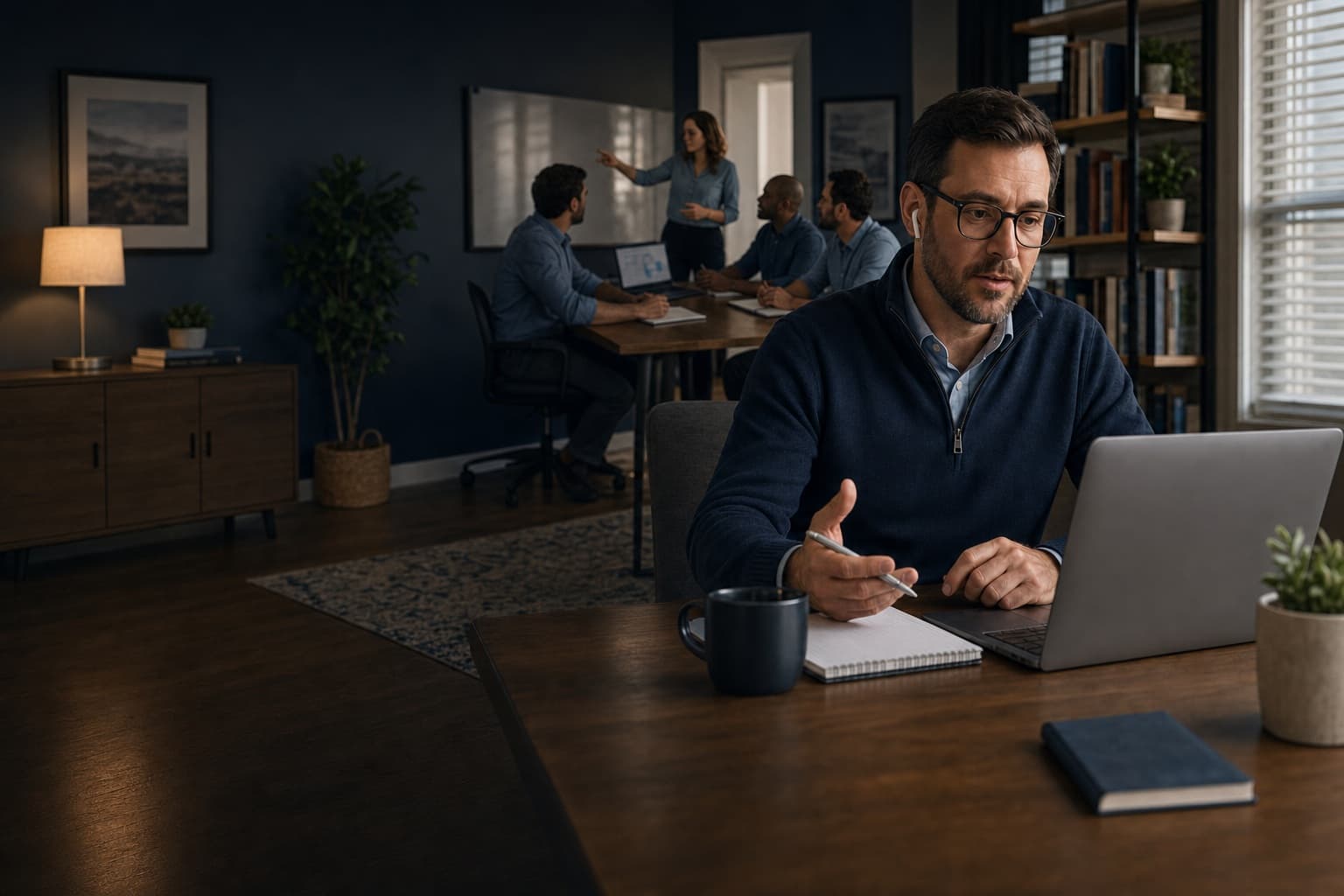 An independent agent leading a remote client conversation at his laptop while a coaching session continues behind him