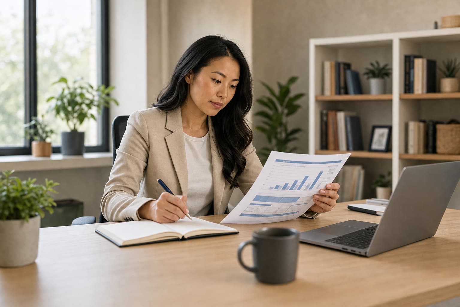 A housing-industry sales professional reviewing a report at her desk