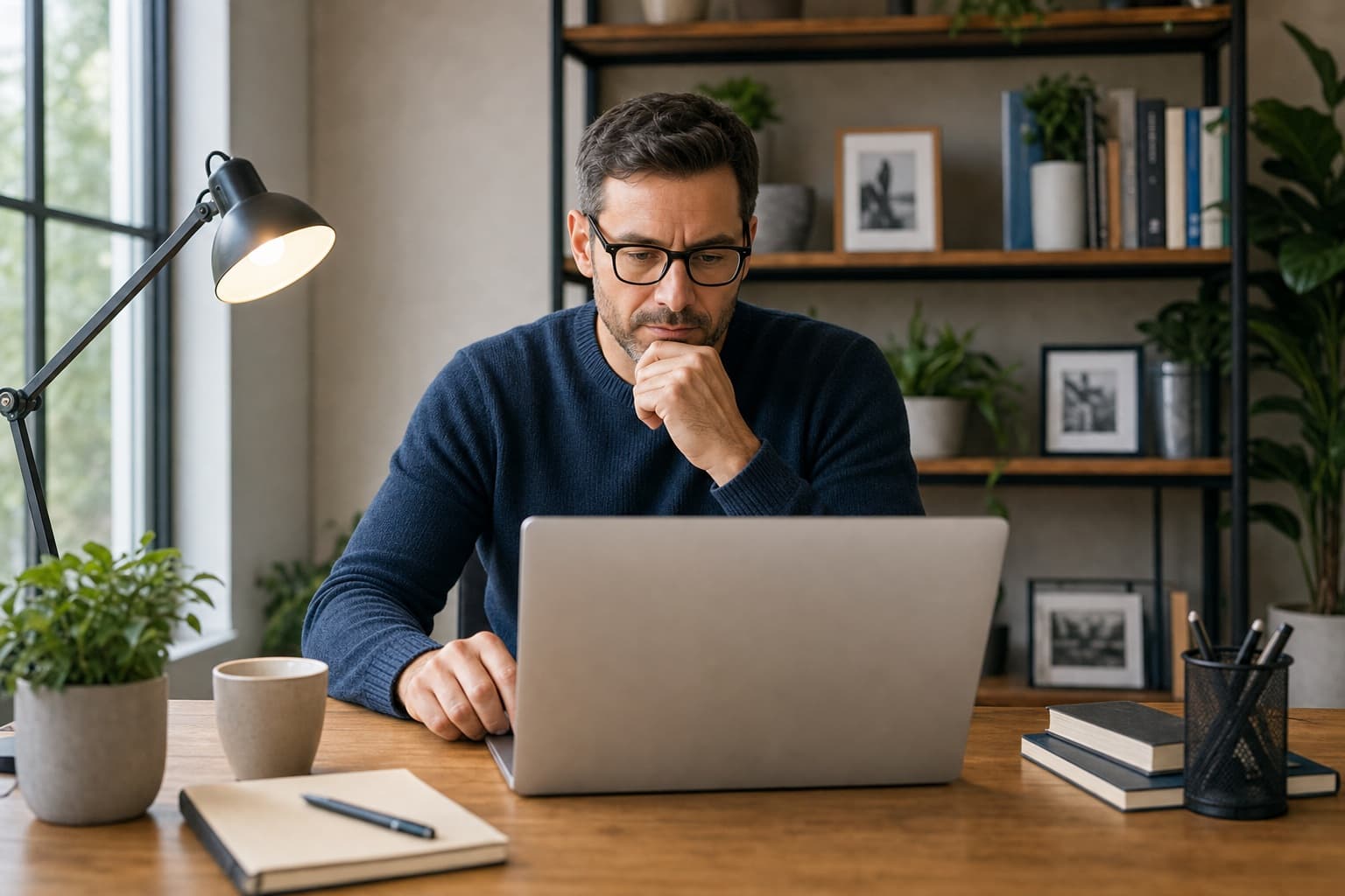 A licensed agent reviewing production at his laptop in a home office