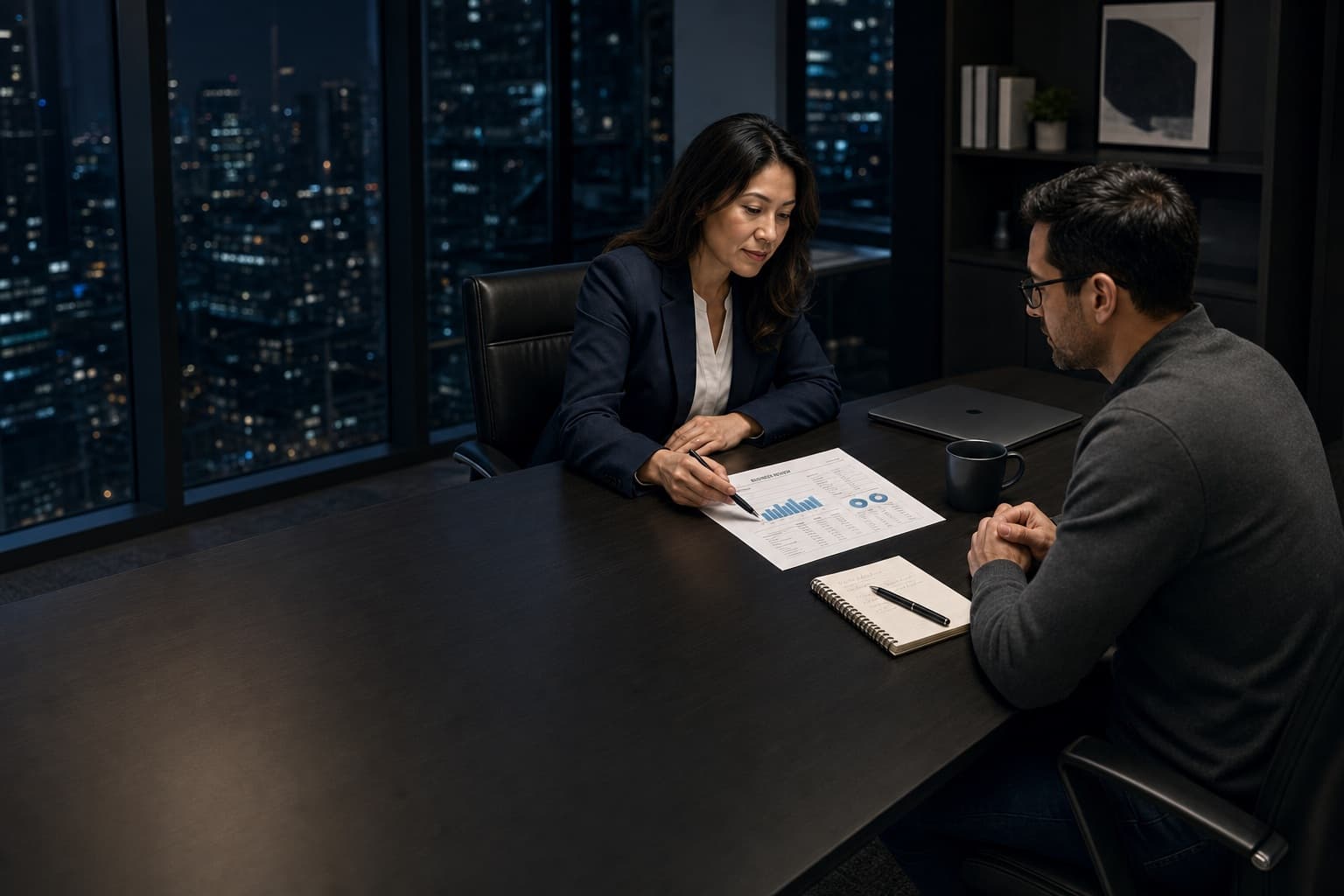 Two professionals reviewing a business report together at a dark office table
