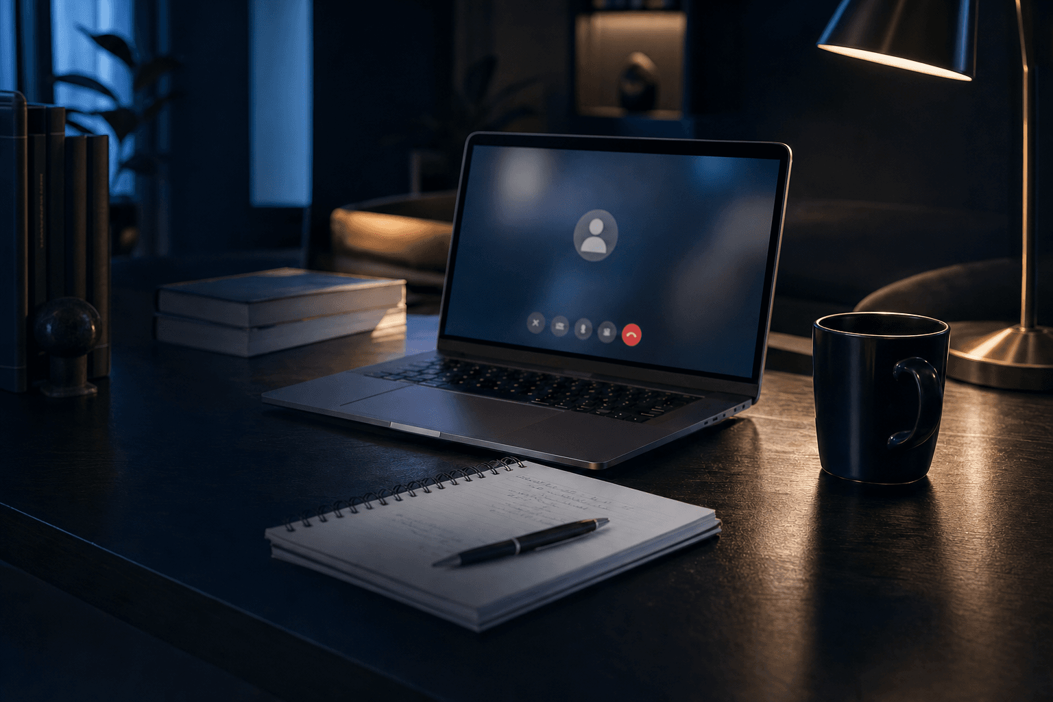 Dark desk workspace with a laptop on a video call, a notebook, a pen, and a cup