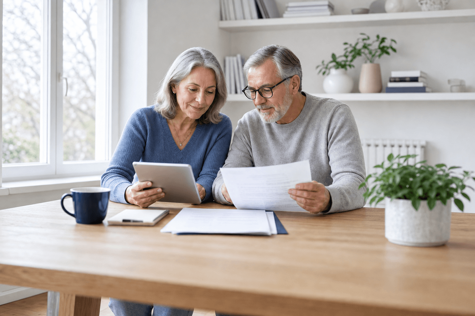 An anonymous older couple reviews retirement-planning material with a tablet at a bright home table