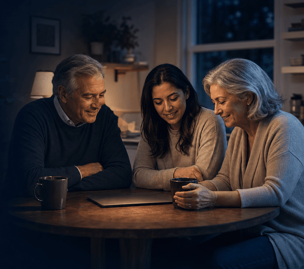 Three generations of a family gathered around the kitchen table, reviewing plans together