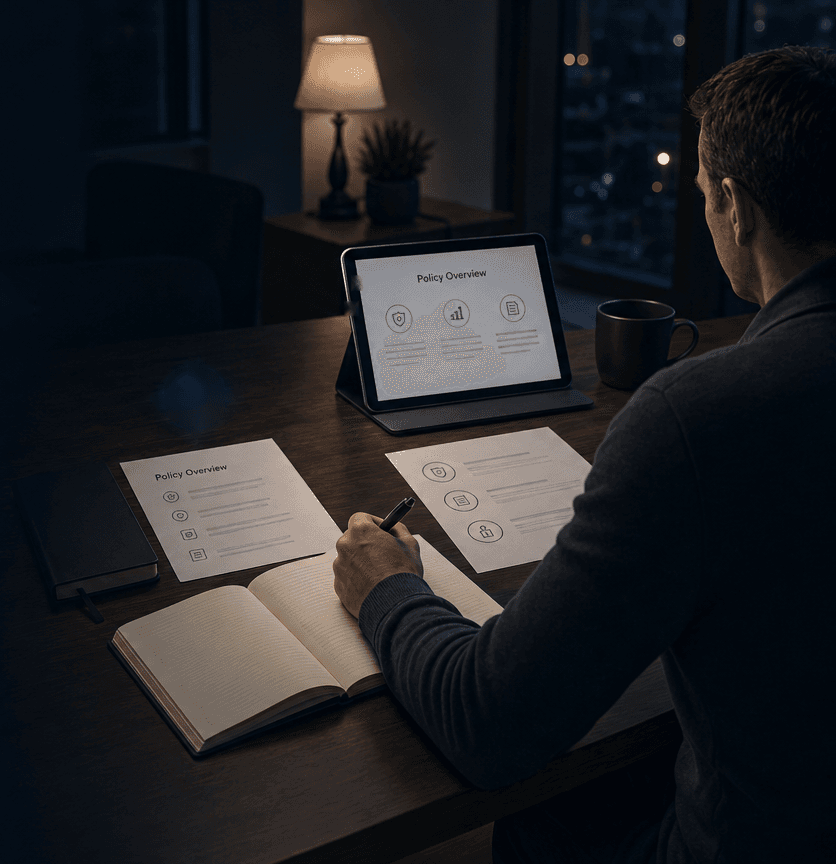 An anonymous planner writing in an open notebook beside policy materials and a tablet at a lamp-lit desk at night