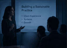 Presenter leading an agent business session beside a projection screen
