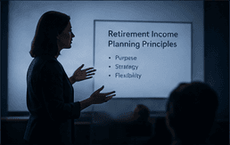 Presenter guiding a seminar room through retirement income planning principles on a projection screen