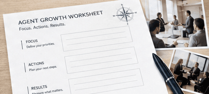 Agent growth worksheet beside small photos of business meetings