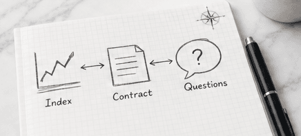 Notebook sketch connecting an index chart, a contract, and a question bubble