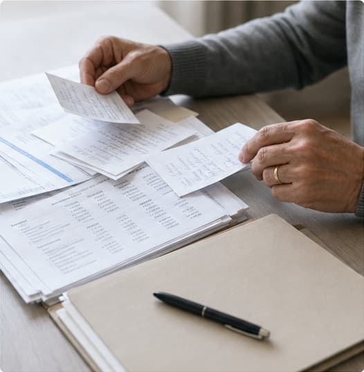 Hands sorting handwritten notes and account statements on a desk