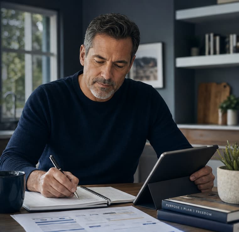 A pre-retiree planning at a desk with documents, charts, and a tablet