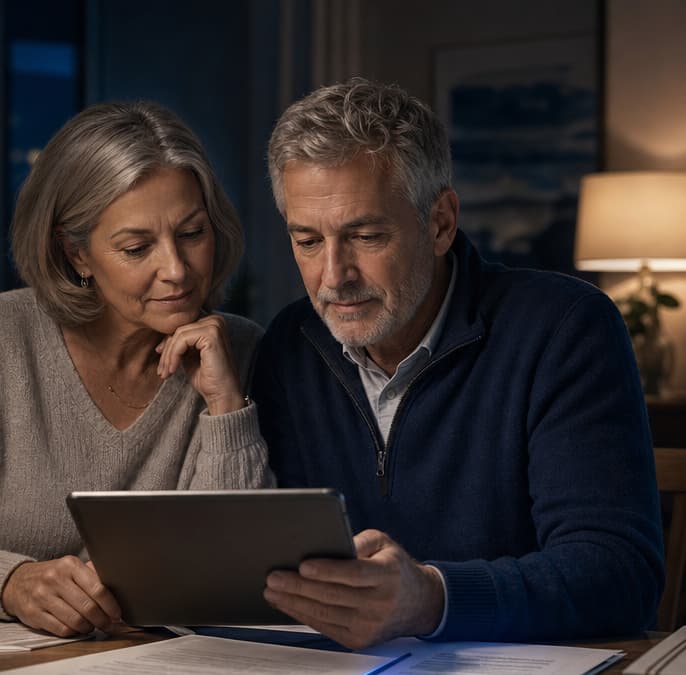 Older couple reviewing retirement documents together on a tablet in a calm evening home setting