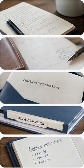 Detail crops of rollover decision moments: retirement notes, a planning calendar, a pension information envelope, a business transition folder, and handwritten legacy priorities