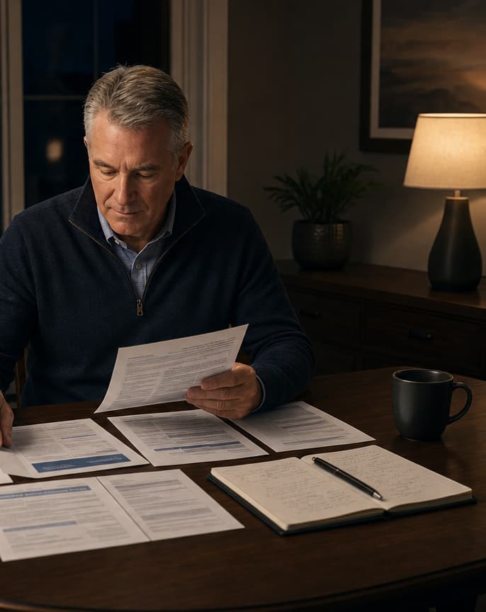 A recent retiree at a home desk in the evening, reading account statements beside handwritten notes