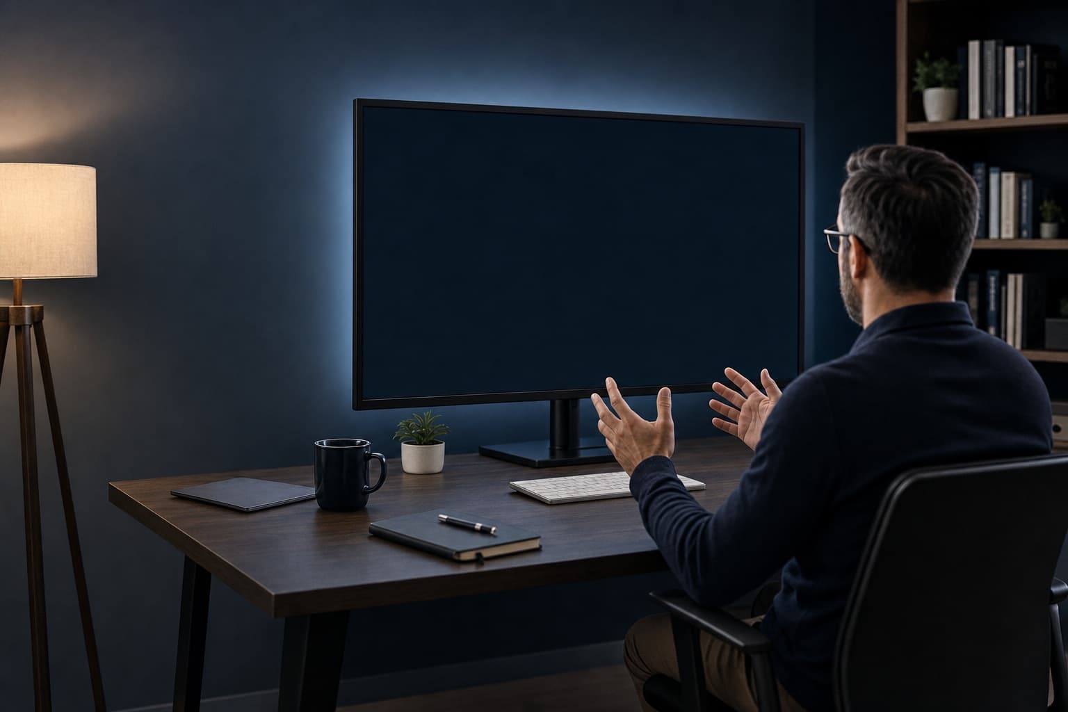 A presenter leads a remote webinar from a dark office, gesturing toward a large monitor