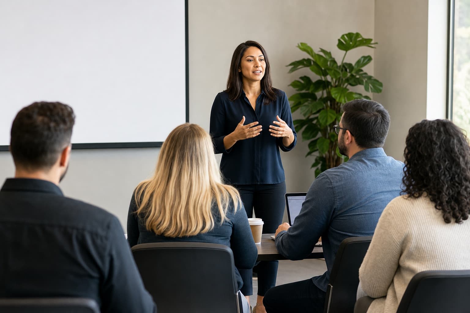 A presenter leading an agent training session for a small seated audience