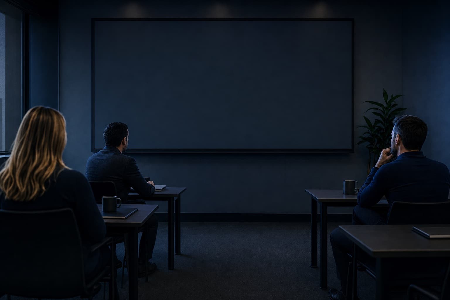 A dark seminar room where a small audience faces a blank presentation screen