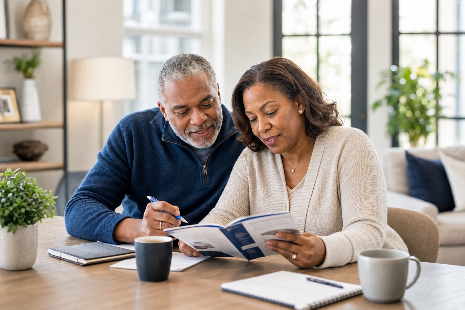 An older couple studying retirement education material together at home