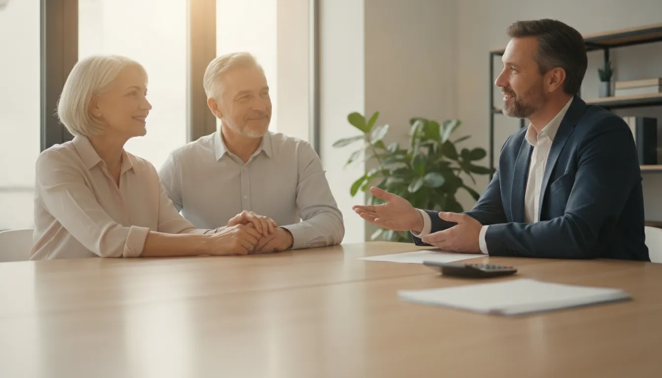 A near-retirement couple discussing income options with a financial professional