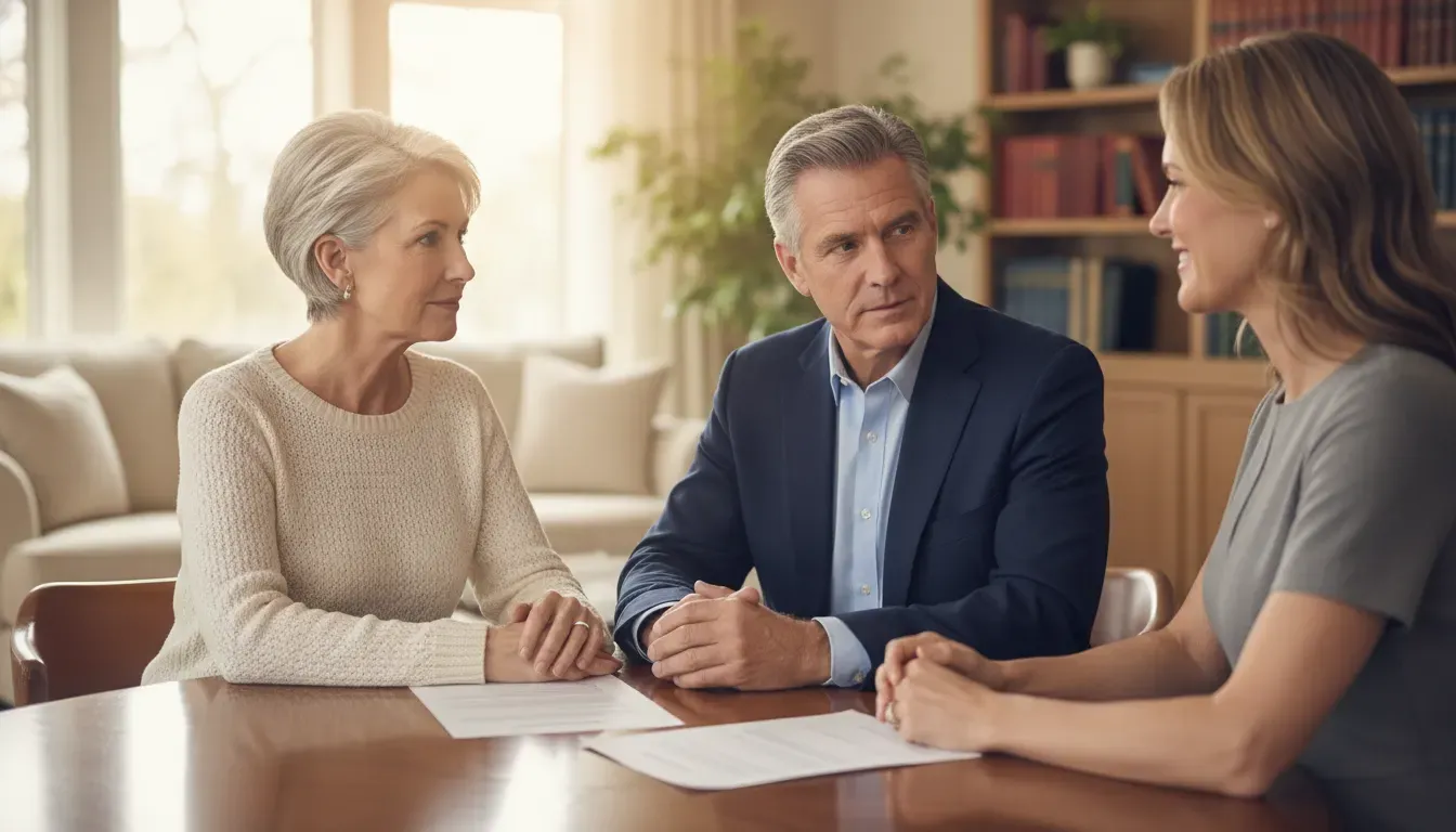 A pre-retiree couple discussing long term care insurance planning with an advisor